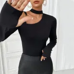 Womens Knitted Long Sleeve Top Sexy Halter Neck Slim Fit Lightweight Fabric Spring Summer Fashio