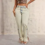 Loose Fit Wide Leg Denim Trousers Tie Decoration Straight Cut Casual Style Wholesale Available
