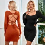 Long Sleeve Knit Bodycon Dress Sexy Backless Design Waist Cinching Comfortable Fabric Spring Sum