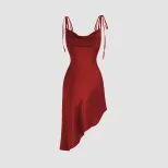 Red Satin Sleeveless Irregular Hem Dress Sexy Off Shoulder Design Perfect for Parties and Events