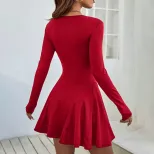 Red High Waisted Midi Dress Simple Elegant Design Slim Fit Autumn Winter Style Wholesale Availab