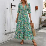 Abstract Print V Neck Midi Cake Dress Ethnic Style Short Sleeve Vacation Ready Wholesale Availab