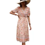 Floral Print V Neck Midi Dress Ruffled Hem Pink Color Country Style Perfect for Spring Summer Wh