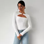 Elegant Womens T Shirt Minimalist Design Lace Hollow Out Long Sleeve Spring Summer Fashion Versa