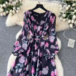Elegant Womens Floral Chiffon Dress Slim Fit Waist Design Long Sleeve for Spring and Summer
