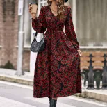Red Floral Long Sleeve Maxi Dress Elegant Design Autumn Spring Fashion Perfect for Casual or For