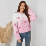 Loose Fit Round Neck Gradient Floral Sweater Soft Warm Stylish Perfect for Autumn and Winter Who