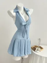 Summer Womens Short Dress V Neck Bow Tie Waist Defined Casual Wear for Parties or Outings Ready