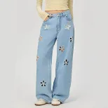 Loose Fit Wide Leg Jeans Floral Hollow Design Casual Style Womens Fashion for Spring Summer Whol