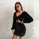 Velvet Bodycon Dress Sexy Hollow Out Design Lace Up Detail Short Length Evening Party Wear Whole