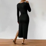 Elegant French Style Midi Dress for Women Square Neck Slim Fit Side Slit Spring Summer Occasion