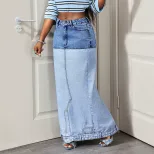 Color Block Denim Midi Skirt Casual Style High Slit Design Versatile for Everyday Wear Wholesale