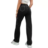 High Waisted Denim Pants Casual Style Patchwork Design Functional Pockets Versatile for Everyday