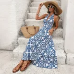 Floral Print Halter Dress Vintage Style Bohemian Vibe Lightweight Fabric Perfect for Summer Vaca