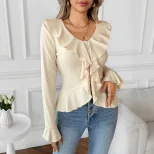 Elegant Womens T Shirt Fitted Bell Sleeves Ruffle Hem Solid Color Spring Fall Fashion Wholesale