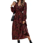 Red Floral Long Sleeve Maxi Dress Elegant Design Autumn Spring Fashion Perfect for Casual or For