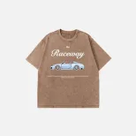 Loose Fit European Style Car Print Short Sleeve T Shirt for Women Summer Wash Effect Vintage Des