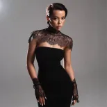 Lace Evening Gown Sleeveless Strapless Elegant Solid Color with Lace Sleeves Perfect for Formal
