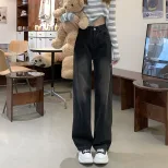 速卖通牛仔裤女2023春季新款韩版复古高腰设计感宽松垂感阔腿直裤