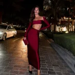 Chic Two Piece Set Strapless Crop Top Long Sleeve High Waist Bodycon Skirt Evening Wear Party Ou