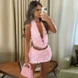 Summer Womens Two Piece Set Fashionable Sequined Deep V Neck Backless Design Short Skirt Perfect