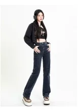 跨境直筒牛仔裤女2023春秋新款韩版高腰宽松休闲显瘦弹力烟管长裤