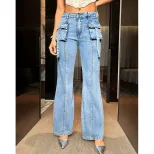 High Waisted Denim Straight Leg Pants Womens Fashion Pocket Design Stretch Fabric Casual Wear Wh