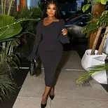 Fashionable Long Sleeve A Line Dress Round Neck Solid Color Midi Length Side Slit Irregular Hem