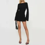 Black Bell Sleeve Mini Dress Slim Fit Open Back Pocket Decor Casual Office Wear Wholesale Availa