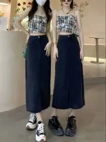 牛仔半身裙女大码2023年春夏新款黑色显瘦高腰开叉中长款a字裙子