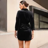 Elegant Velvet Bodycon Dress Long Sleeve Lapel Collar Waist Tie Office Wear Formal Events Wholes