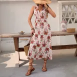 Tropical Floral Print Maxi Dress Sleeveless V Neck Flowy Design Perfect for Vacation or Resort W