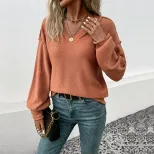 Womens Lantern Sleeve Sweater Solid Color Retro Style Autumn Winter Casual Wear