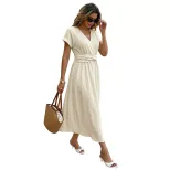 Vacation Style Maxi Dress Solid Color Textured Fabric V Neck Flutter Sleeves Perfect for Summer