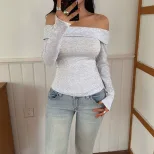 Slim Fit Long Sleeve Top Solid Color Off Shoulder Design Stylish for Spring and Autumn Wholesale