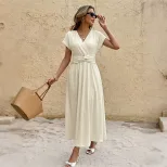 Vacation Style Maxi Dress Solid Color Textured Fabric V Neck Flutter Sleeves Perfect for Summer