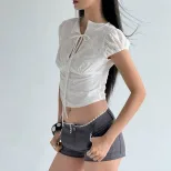 French Style Womens V Neck Short Sleeve Top Sweet Slim Fit Casual Spring Collection Wholesale Av