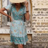 Bohemian Floral Geometric Print Maxi Dress Summer Style Tie Waist Comfortable Fabric Perfect for