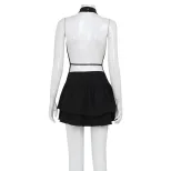 Backless Halter Neck Dress Sexy Low Cut Ruffle Hem Elegant Solid Color for Parties and Events Wh
