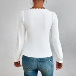 Womens V Neck Puff Sleeve T Shirt Slim Fit Lace Trim Fashionable Versatile Spring Summer Style W