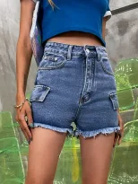 High Waisted Denim Shorts Dark Wash Straight Leg Comfortable Fit Casual Summer Wear Wholesale Av