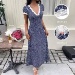 Floral Print Lace Trimmed V Neck Short Sleeve Dress Sweet Vacation Style Ideal for Summer Events