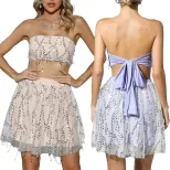 Sequin Strapless Top with Tie Closure Patchwork Design Fringe Detail Sexy Style Perfect for Part