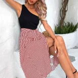 One Shoulder Striped Color Block Dress for Women Summer Fashion Available in Red White Blue Wholesale Sizes S to XL
