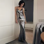 Metallic Silver Backless Mermaid Dress Sexy Sleeveless Liquid Fabric Elegant Evening Gown Wholes