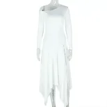 Fashionable Womens Irregular Hem Dress Slim Fit Solid Color One Shoulder Long Sleeve Side Slit C