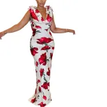 Elegant Floral Print Backless Long Dress Wrinkled Design Slim Fit Mid Waist Perfect for Parties