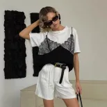 Lace Trimmed Loose Fit T Shirt Short Sleeve Round Neck Casual Style Perfect for Summer Wear Whol