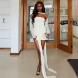 Bodycon Dress Solid Color Off Shoulder Long Sleeve Slim Fit Lightweight Evening Wear or Party Wh