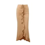 French Style Ruffled Hem Midi Skirt Low Waist Pleated Design Elegant Fit Perfect for Autumn Fash